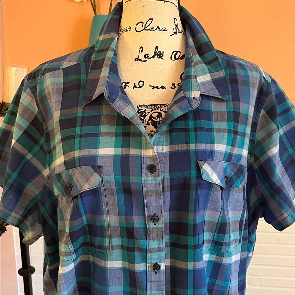 Eddie Bauer Navy & Teal Plaid Shirt - Picture 2 of 8
